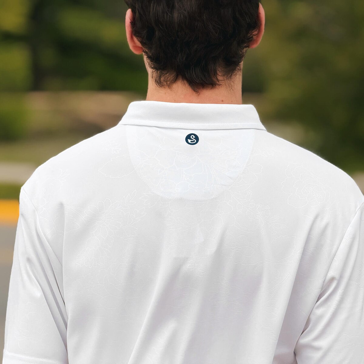 back of Swannies Iowa State Swirl White Ehrman Polo